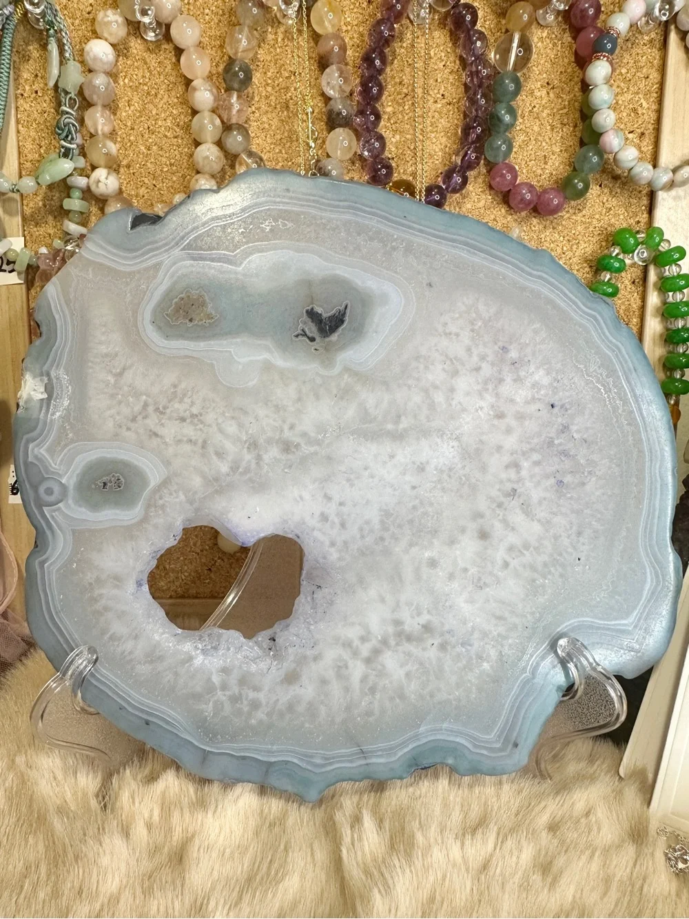 Big Polished Agate Slab with Stand - Pale Blue Screaming Face 7.5×7×0.38 inches